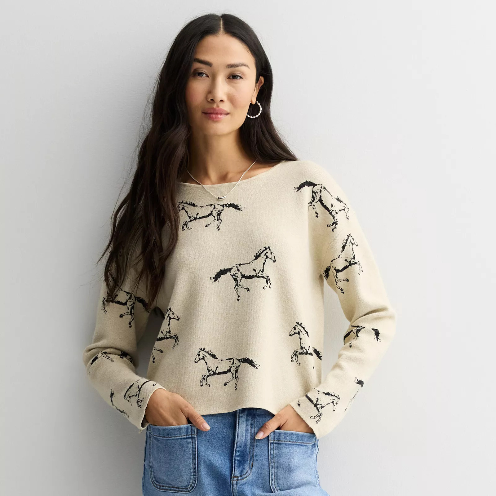 Women's Chelsea & Theodore Long Sleeve Crewneck Horse Pattern Sweater, Size: Small, Cream And Black | Kohl's