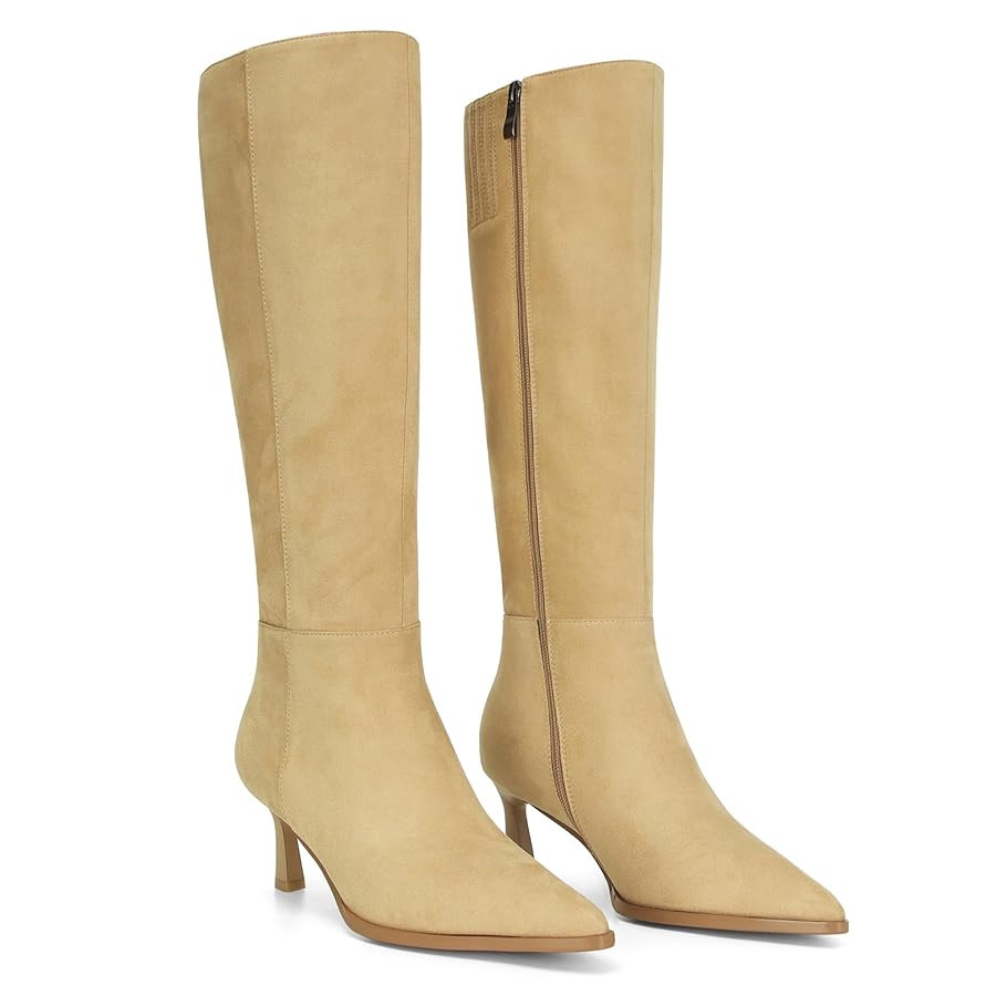 MICIFA Burgundy Kitten Heel Knee High Boots for Women Side Zipper Tall Leather Boots Pointed Toe ... | Amazon (US)