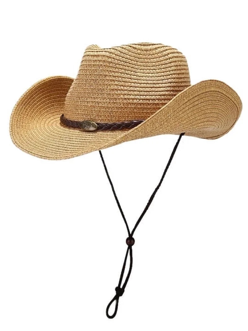COOPLUS Straw Cowboy Hat for Women Western Cowgirl Adjustable Chin Strap Hats for Summer | Walmart (US)