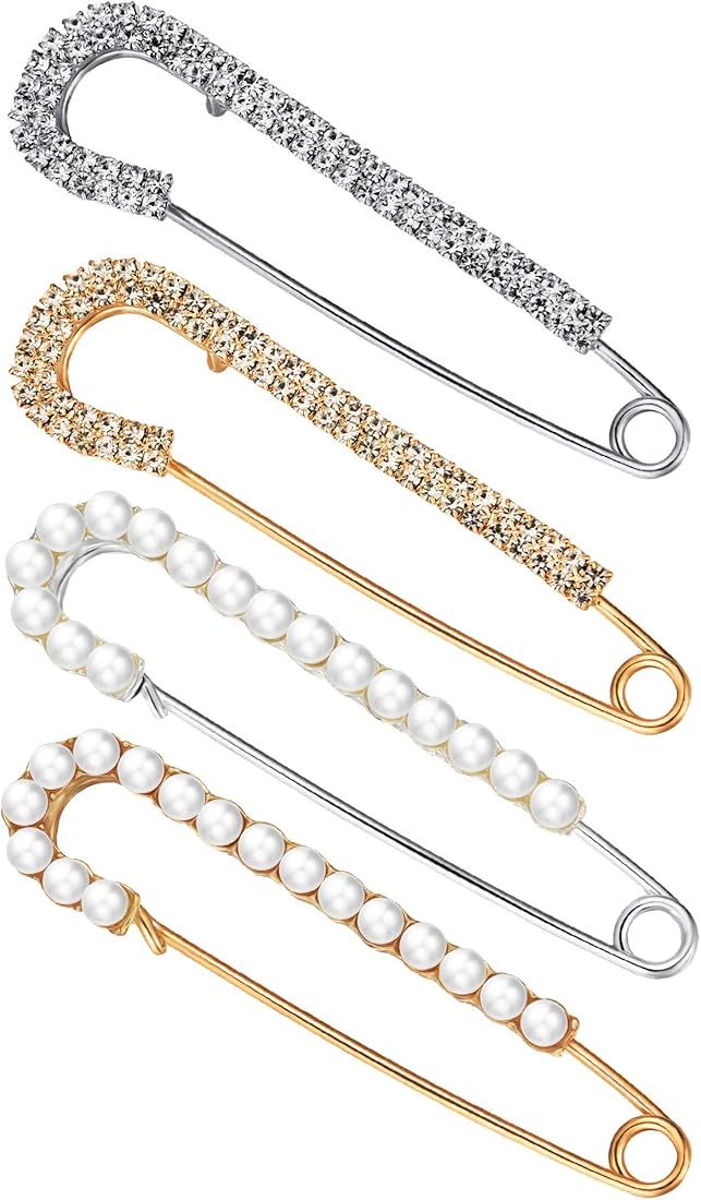 Women Brooch Pins Sweater Shawl Clips Faux Crystal Pearl Brooches Safety Pins Dress Shirt Clips f... | Amazon (US)