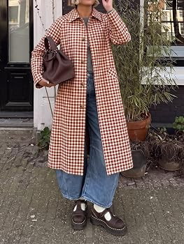 Cicy Bell Womens Plaid Trench Coat Fall Lapel Single Breasted Long Jacket | Amazon (US)