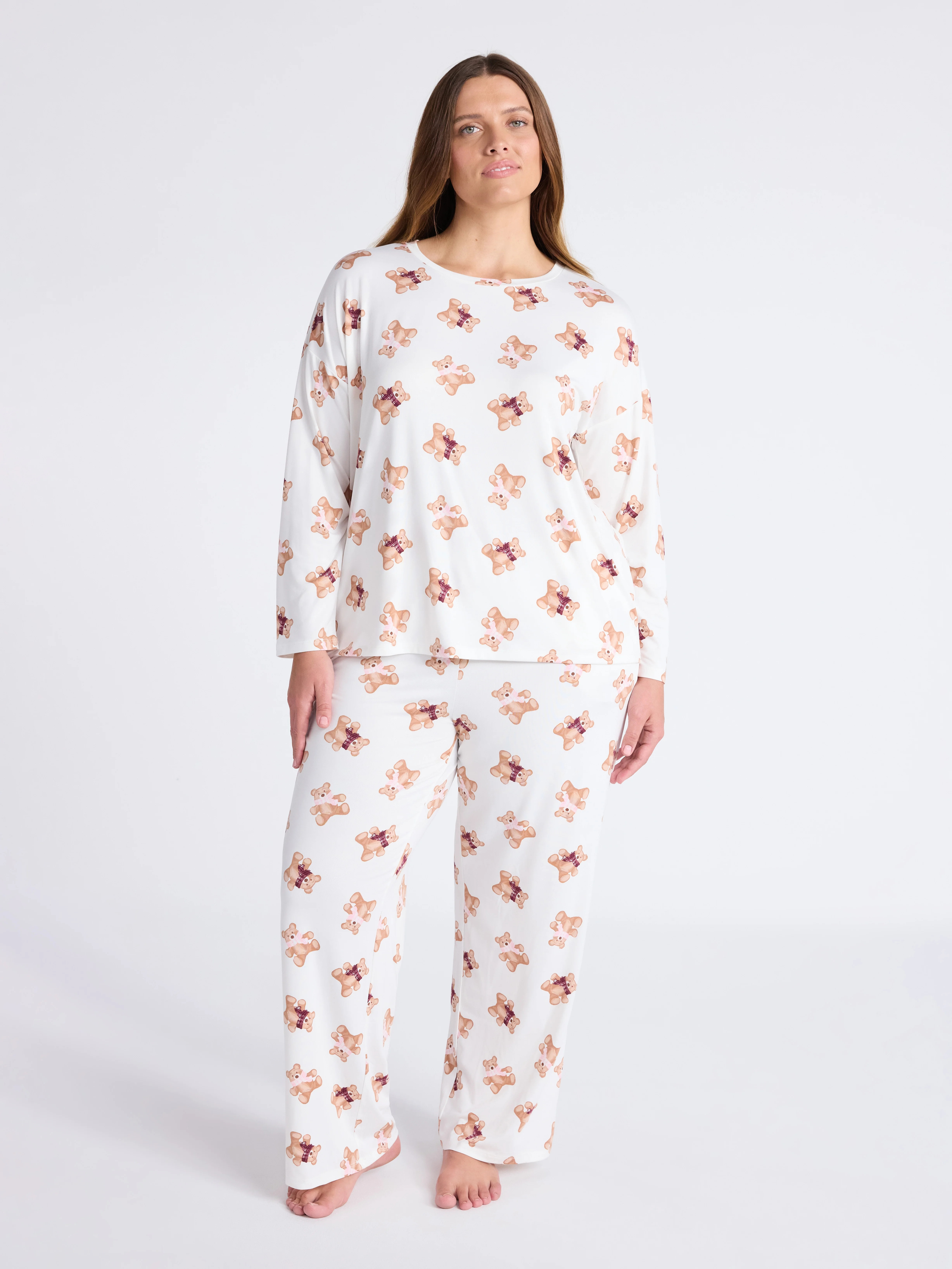 Joyspun Women's Dreamy Soft Collection Long Sleeve Sleep Top and Straight Leg Pants Pajama Set, 2... | Walmart (US)