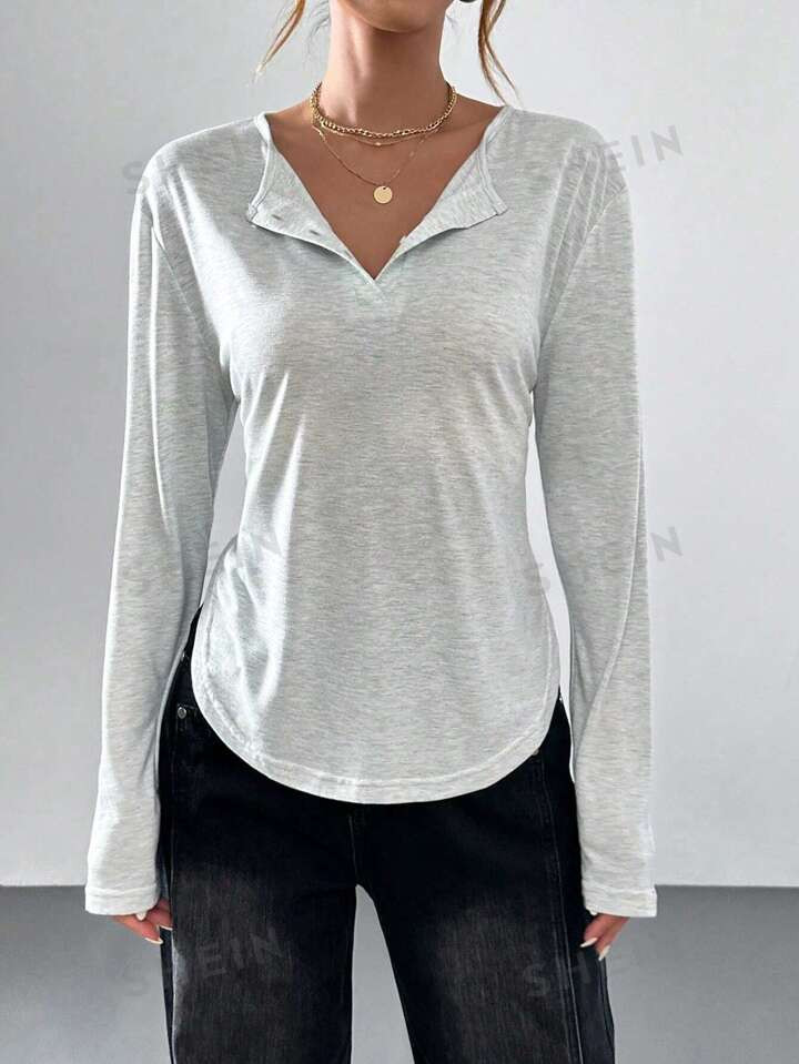 SHEIN Essnce Women's Casual Loose Slouchy Style Arc-Shaped Hem Long-Sleeved T-Shirt Top | SHEIN