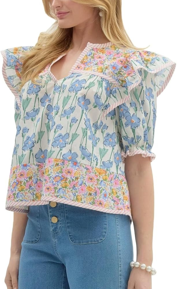 Women Floral Ruffle Short Sleeve Tops Flare Shoulder Boho Babydoll T Shirts Casual Flutter Sleeve... | Amazon (US)