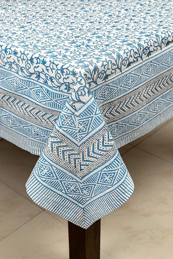 ABHOOH Tablecloth, Hand Block Print Floral Rectangle Blue Tablecloth for Kitchen Dining, Easter, ... | Amazon (US)