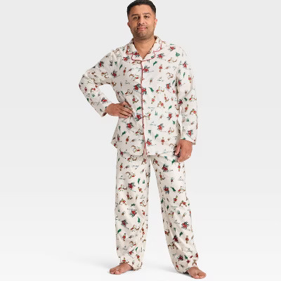 Men's Grinch Print Long Sleeve Shirt and Pants Holiday Matching Family Pajama Set - Cream L | Target