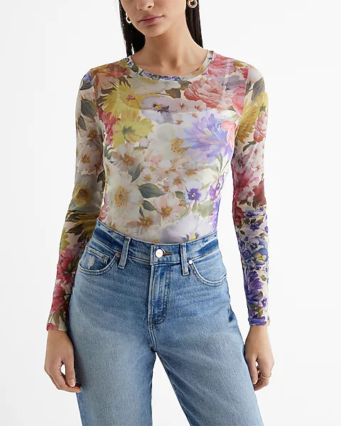 Fitted Mesh Floral Crew Neck Long Sleeve Bodysuit | Express