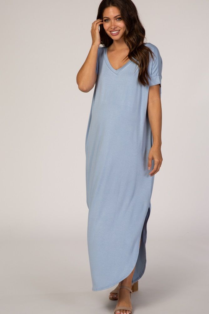 Light Blue Side Slit Maternity Maxi Dress | PinkBlush Maternity