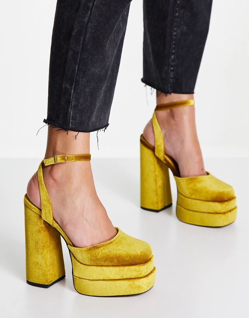 ASOS DESIGN Pluto platform heeled shoes in mustard velvet-Yellow | ASOS (Global)