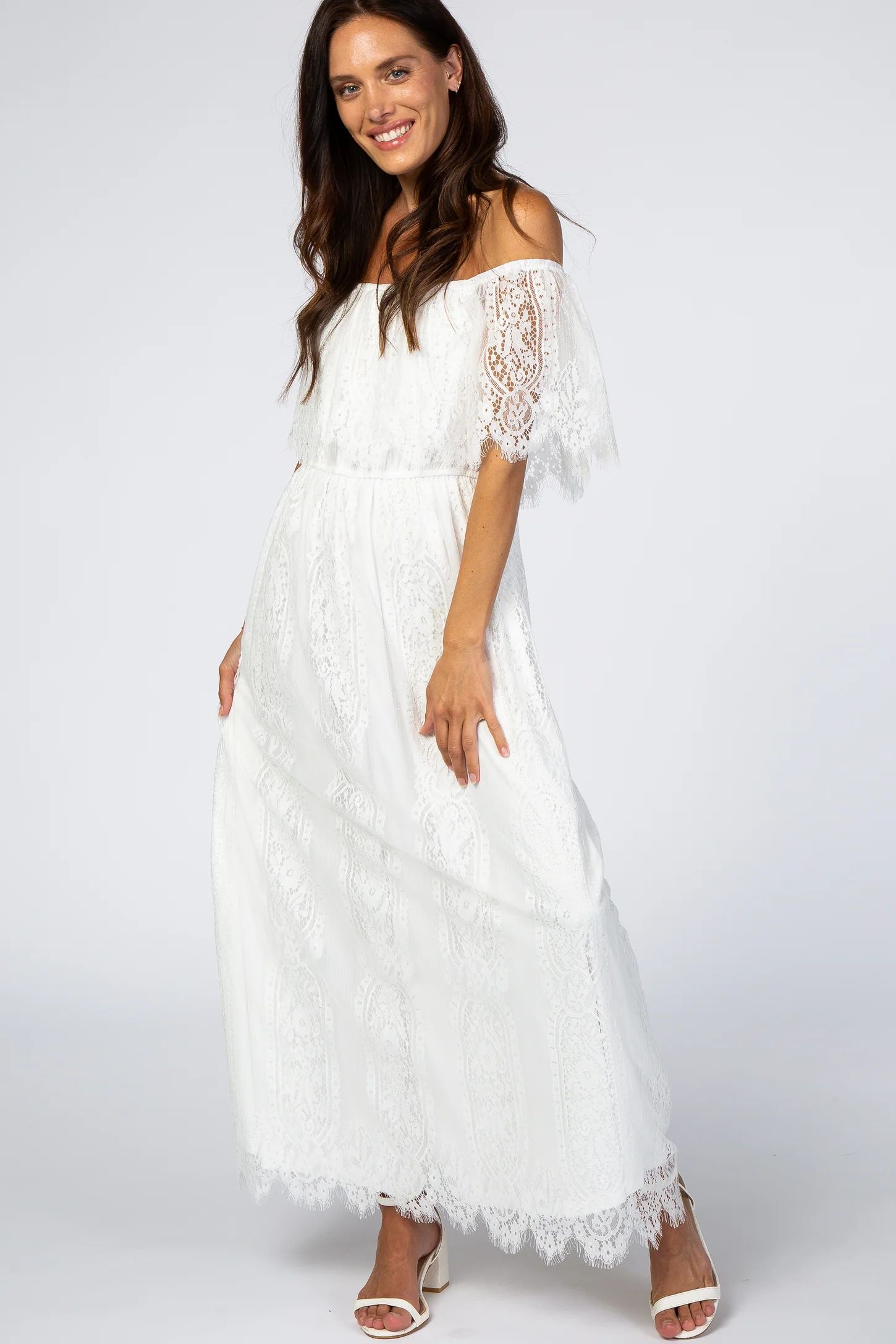 White Lace Off Shoulder Maxi Dress | PinkBlush Maternity