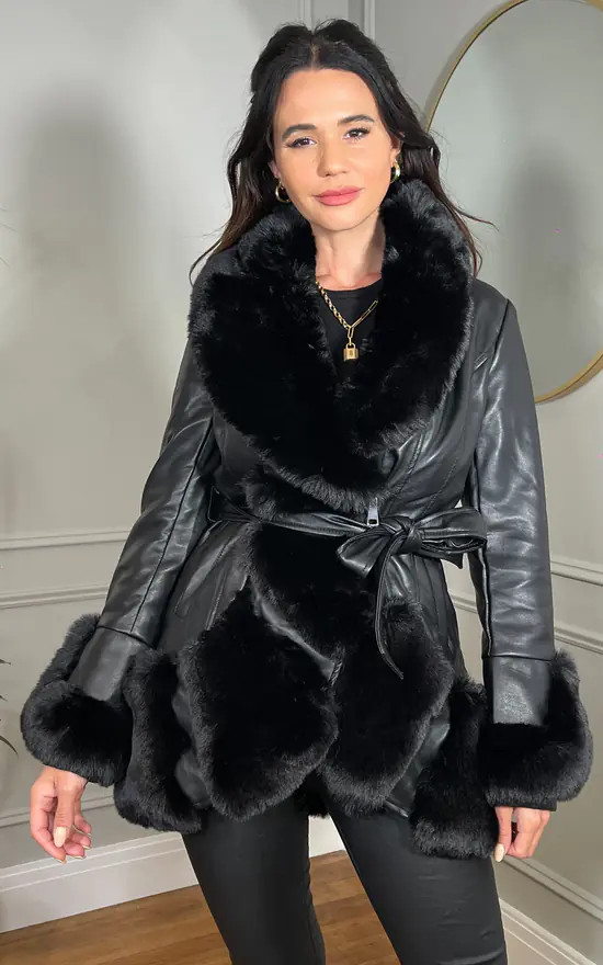 Faux Fur Collar Pu Belted Coat In Black | SilkFred