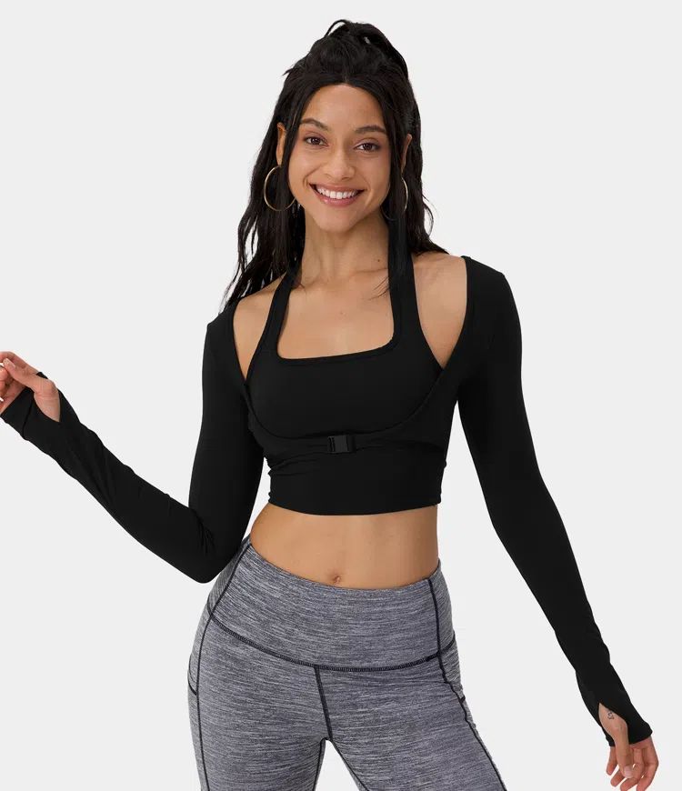 Cloudful™ Fabric Halter Thumb Hole Long Sleeve Cropped 2-in-1 Yoga Sports Top | HALARA