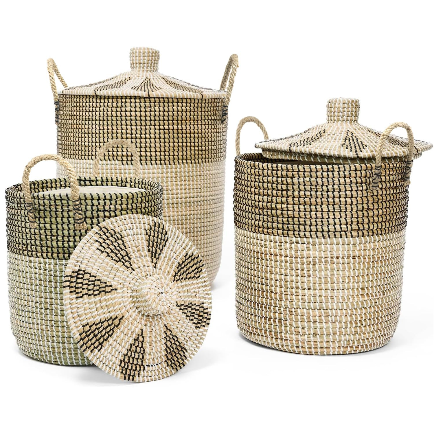 Set of 3 Laundry Baskets Hamper, Seagrass Handwoven Storage Basket with Lid Handles, Natural Viet... | Amazon (US)