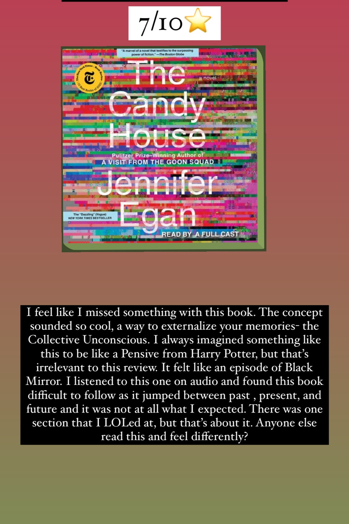 32. The Candy House by Jennifer Egan :: 7/10⭐️. I feel like I missed something with this book. The concept sounded so cool, a way to externalize your memories- the Collective Unconscious. I always imagined something like this to be like a Pensive from Harry Potter, but that’s irrelevant to this review. It felt like an episode of Black Mirror. I listened to this one on audio and found this book difficult to follow as it jumped between past , present, and future and it was not at all what I expected. There was one section that I LOLed at, but that’s about it. Anyone else read this and feel differently?

book / thrillers / romance / travel book / good reads / booktok books / book recommendations / on my bookshelf / kindle books / audio books / kindle girlie / kindle unlimited / amazon books / amazon reads / amazon readers / reading / reading must haves / trending books / kindle accessories / books accessories / books

#LTKtravel #LTKhome