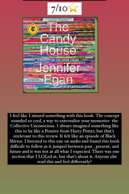 32. The Candy House by Jennifer Egan :: 7/10⭐️. I feel like I missed something with this book. The concept sounded so cool, a way to externalize your memories- the Collective Unconscious. I always imagined something like this to be like a Pensive from Harry Potter, but that’s irrelevant to this review. It felt like an episode of Black Mirror. I listened to this one on audio and found this book difficult to follow as it jumped between past , present, and future and it was not at all what I expected. There was one section that I LOLed at, but that’s about it. Anyone else read this and feel differently?

#LTKhome #LTKtravel