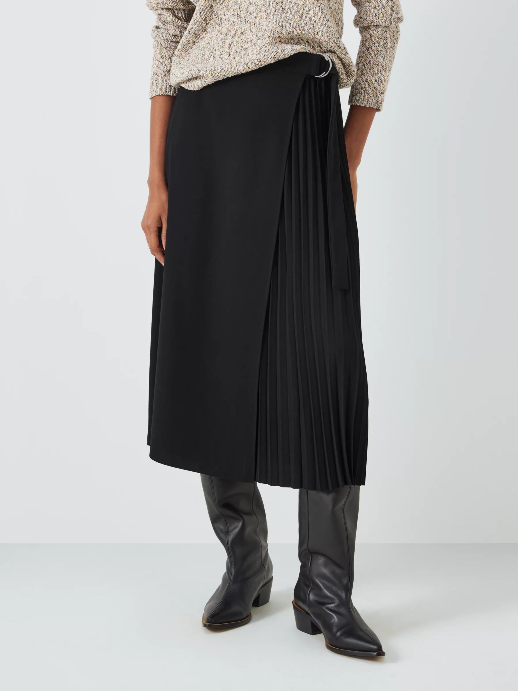 John Lewis Woven Pleated Midi Skirt, Black | John Lewis (UK)