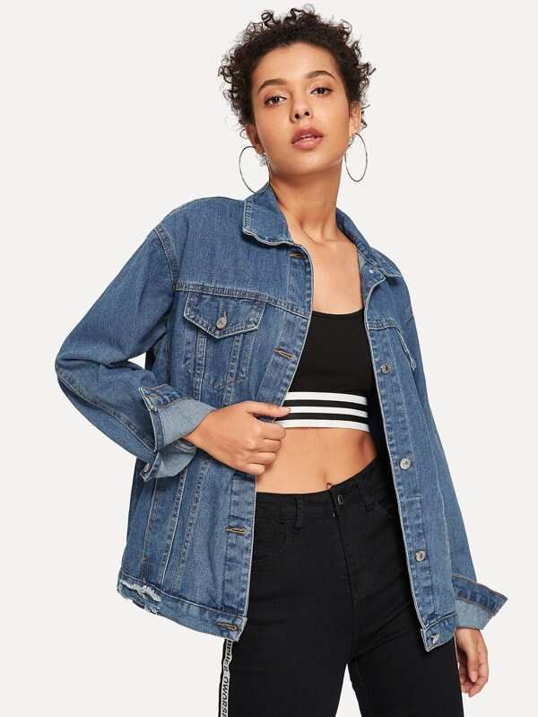 Bleach Wash Pocket Front Denim Jacket | SHEIN