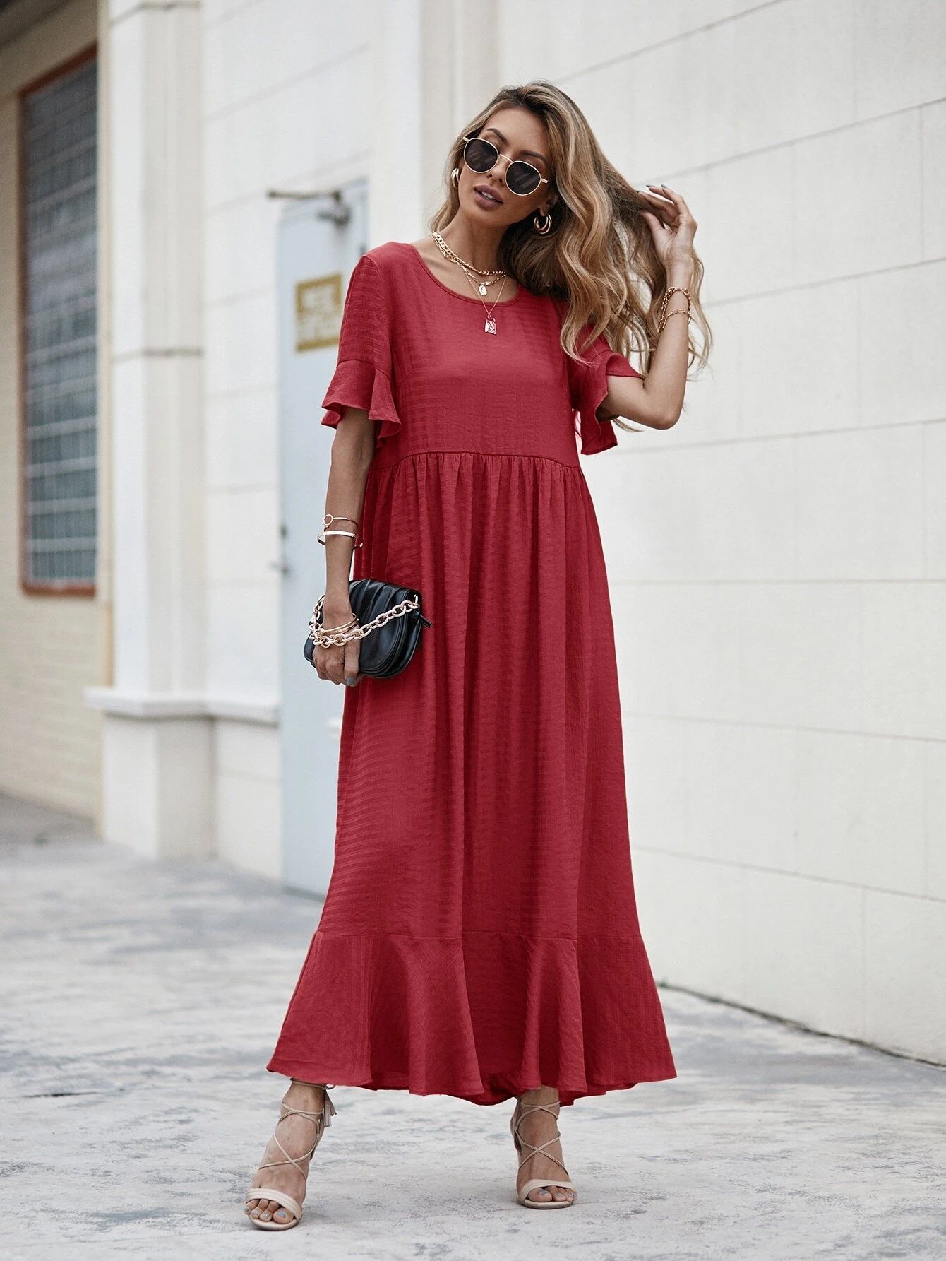 Solid Flounce Sleeve Smock Dress | SHEIN