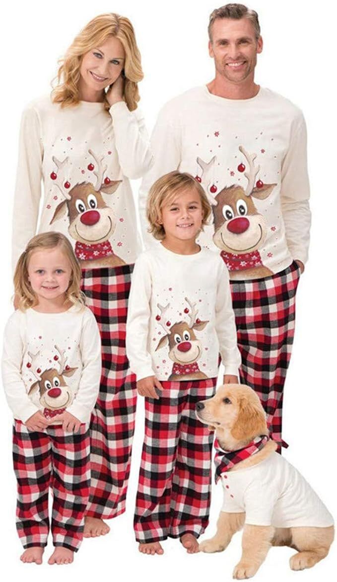Family Matching Christmas Pajamas Set Cotton Xmas Deer Holiday Pajamas Sleepwear Dad Mom Kids PJs | Amazon (US)