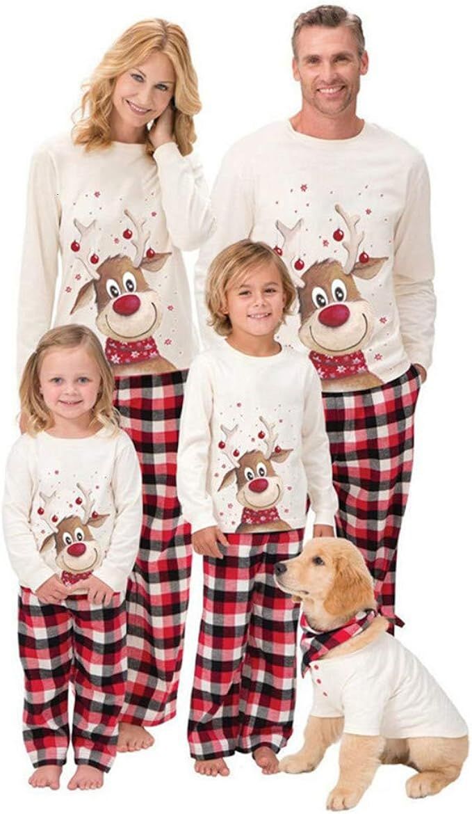 Family Matching Christmas Pajamas Set Cotton Xmas Deer Holiday Pajamas Sleepwear Dad Mom Kids PJs | Amazon (US)