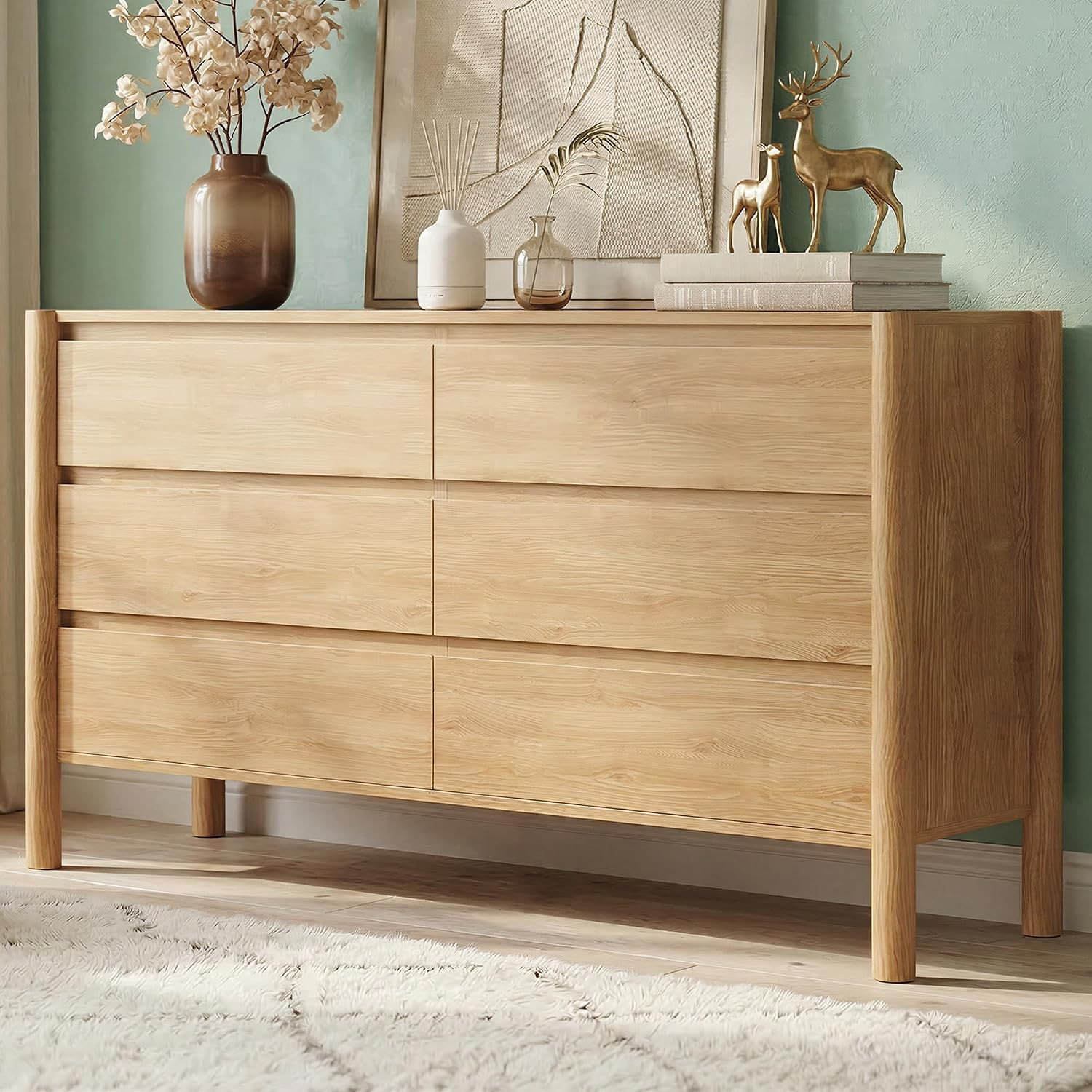 47.2" Wide Oak 6 Drawer Dresser for Bedroom with Solid Wood Legs | Amazon (US)