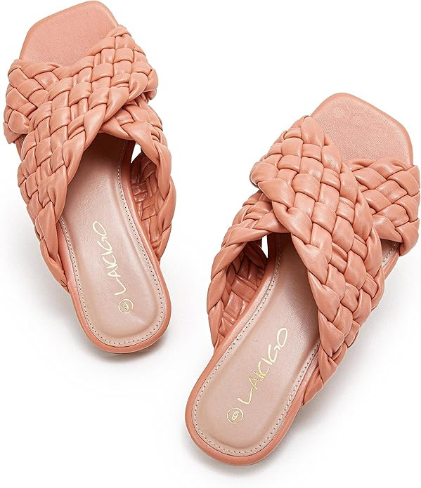 Women’s Square Open Toe Flat Sandals Braided Backless Slip On Slides Cross Band Summer Slippers | Amazon (US)