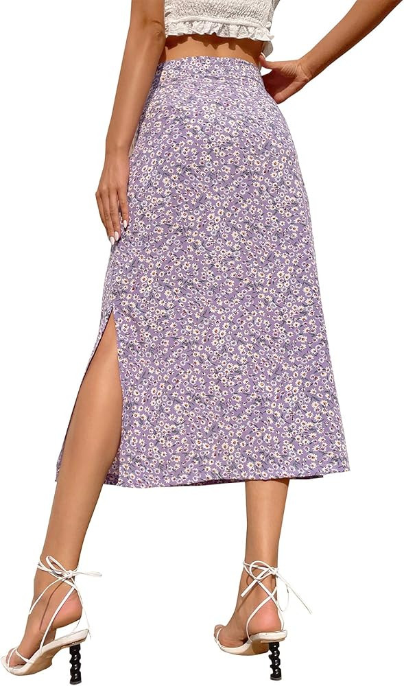 LYANER Women's Casual Print Side Split High Waist Zipper Midi Skirt | Amazon (US)