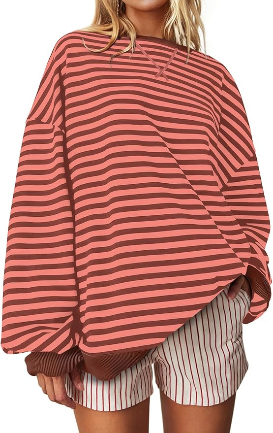 UEU Women Oversized Striped Crewneck Sweatshirt Long Sleeve Color Block Pullover Tops Casual Loos... | Amazon (US)