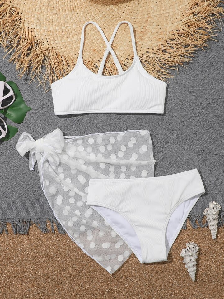 Girls Plain Cross Back Bikini Swimsuit & Beach Skirt | SHEIN