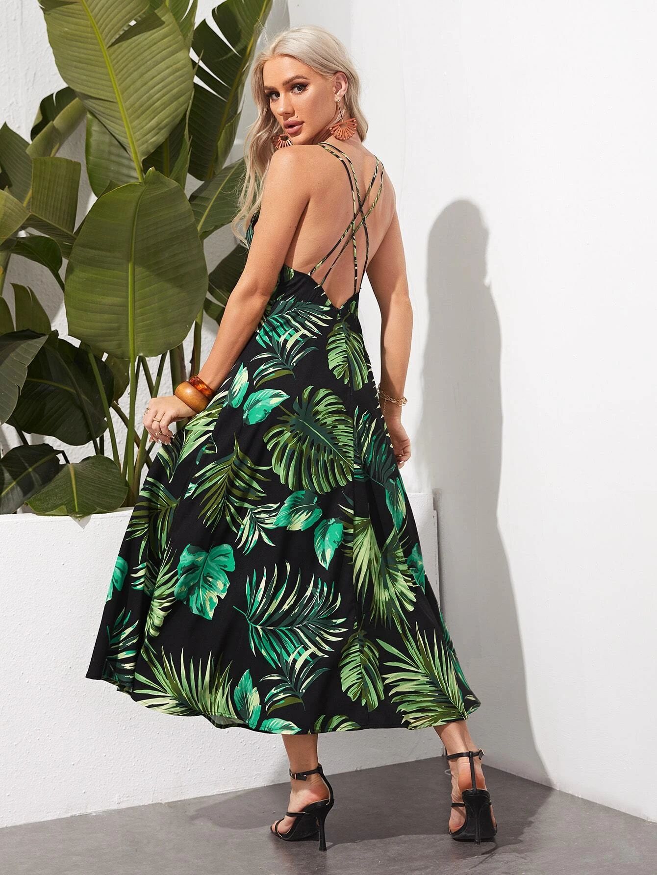 SHEIN Crisscross Backless Tropical Print Dress | SHEIN