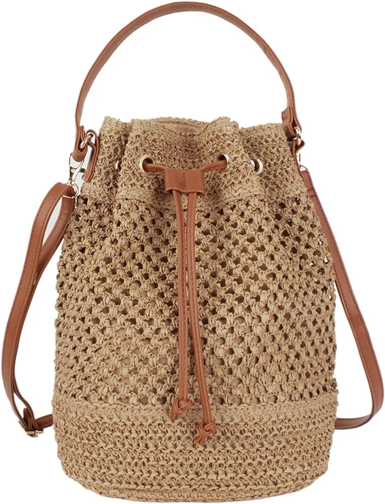Goclothod Small Drawstring Shoulder Bag Straw Weave Handbag Summer Beach Purse | Amazon (US)