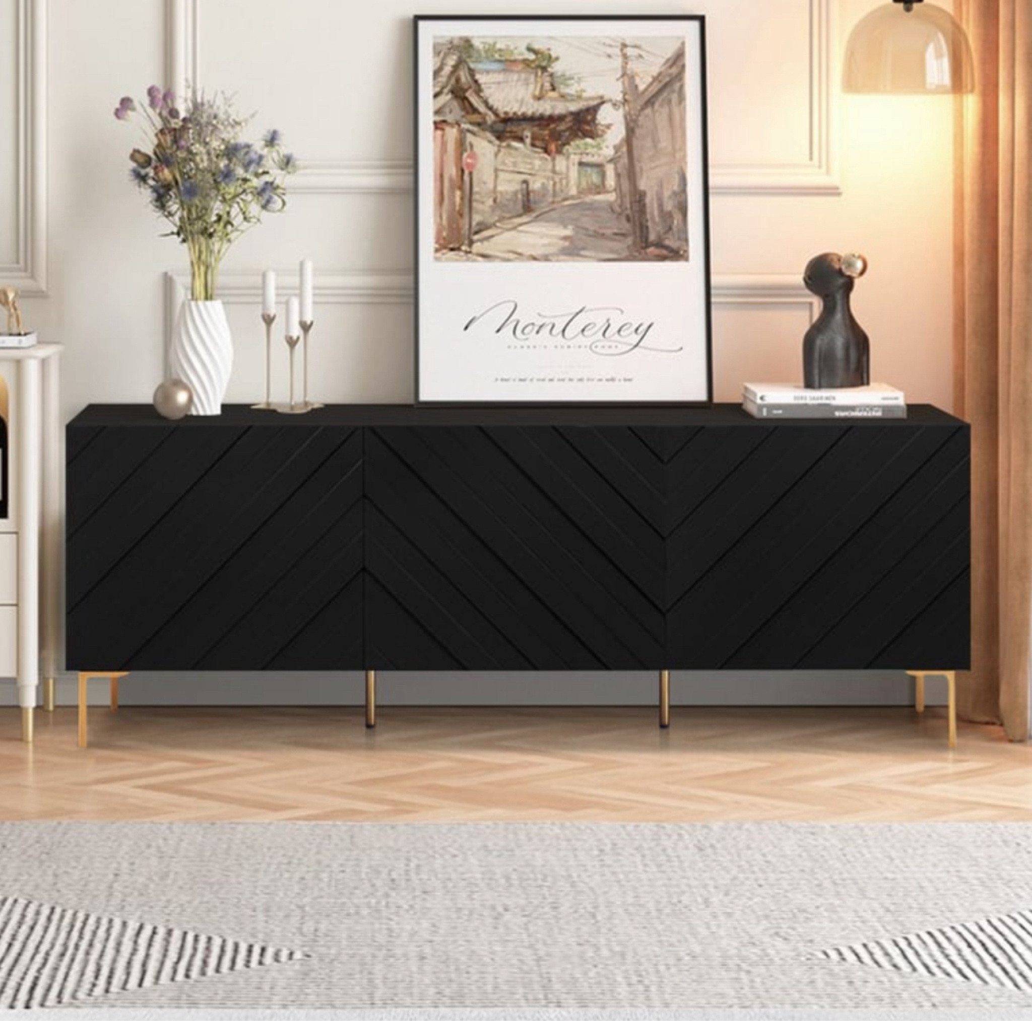 Modern 70.9" Black Buffert Sideboard Table With Gold Legs & 3 Doors

#LTKHome #LTKHoliday