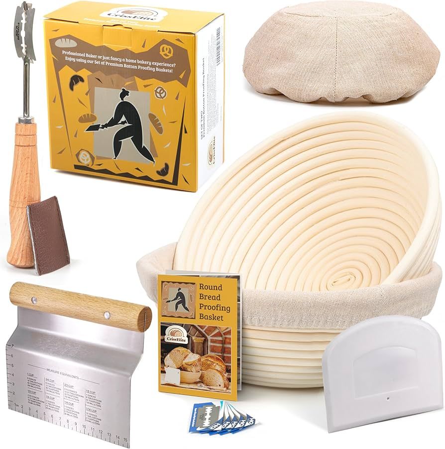 Sourdough Bread Baking Supplies Starter Kit, Banneton Bread Proofing Basket Round 9" Set of 2, Br... | Amazon (US)