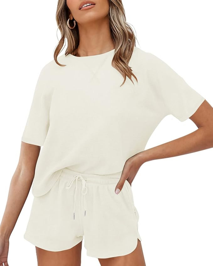 ZESICA Women's Waffle Knit Pajama Set Short Sleeve Top and Shorts Loungewear Athletic Tracksuits ... | Amazon (US)