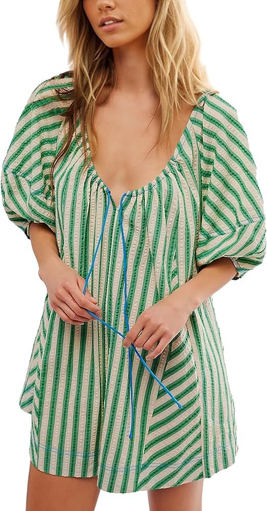 Summer Rompers for Women Casual Striped Puff Short Sleeve Adjustable Neck Wide Leg Oversized Jump... | Amazon (US)