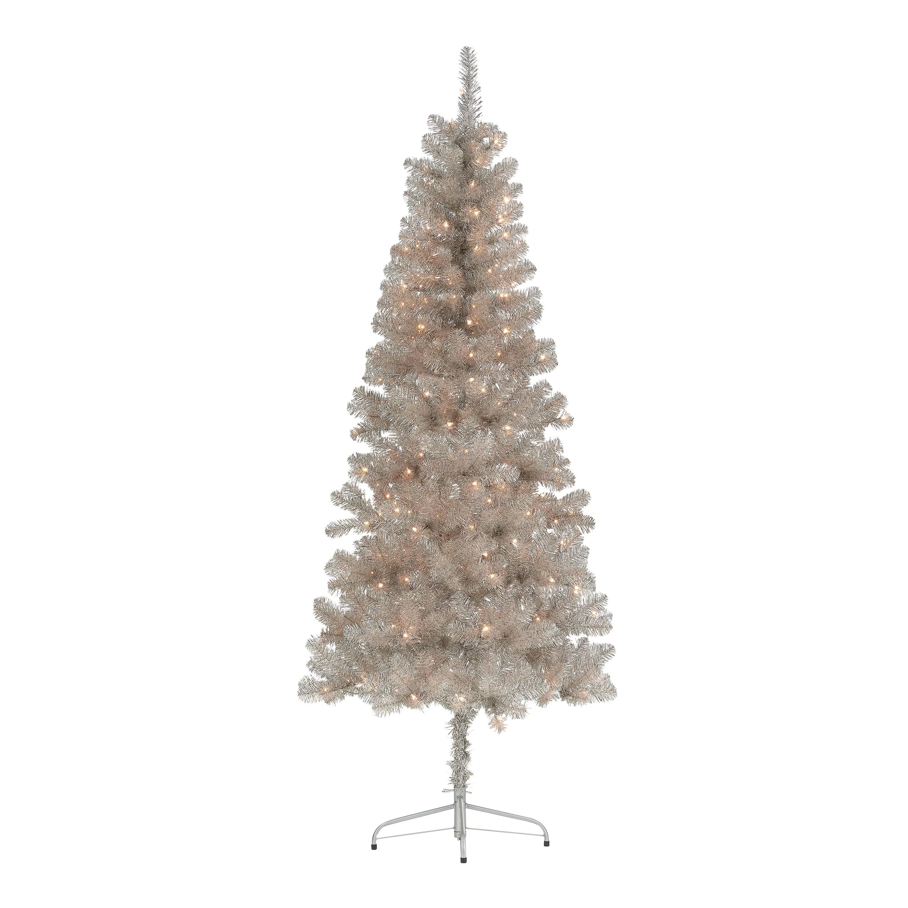 Holiday Time 6.5ft Pre-Lit Rose Gold Tinsel Christmas Tree, Rose Gold, 6.5', Clear - Walmart.com | Walmart (US)