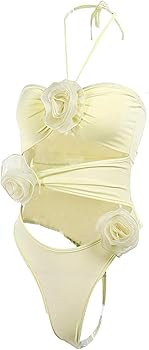 Faretumiya Women Sexy Sleeveless Cut Out Bodysuit 3D Flower Low Cut Strapless Body Suit Top Hollo... | Amazon (US)