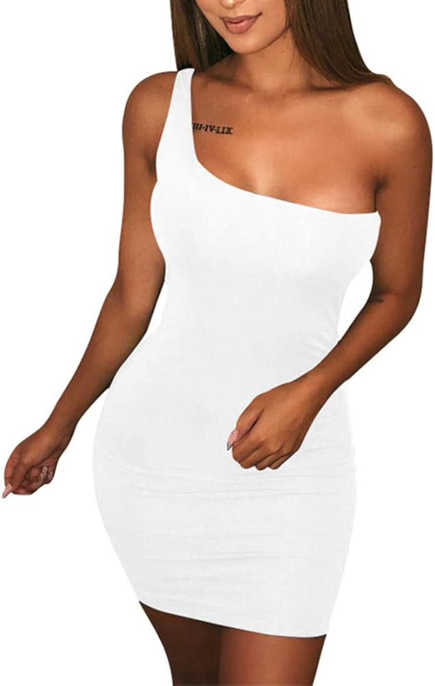 BORIFLORS Women's Casual Basic One Shoulder Tank Top Bodycon Mini Club Dress | Amazon (US)