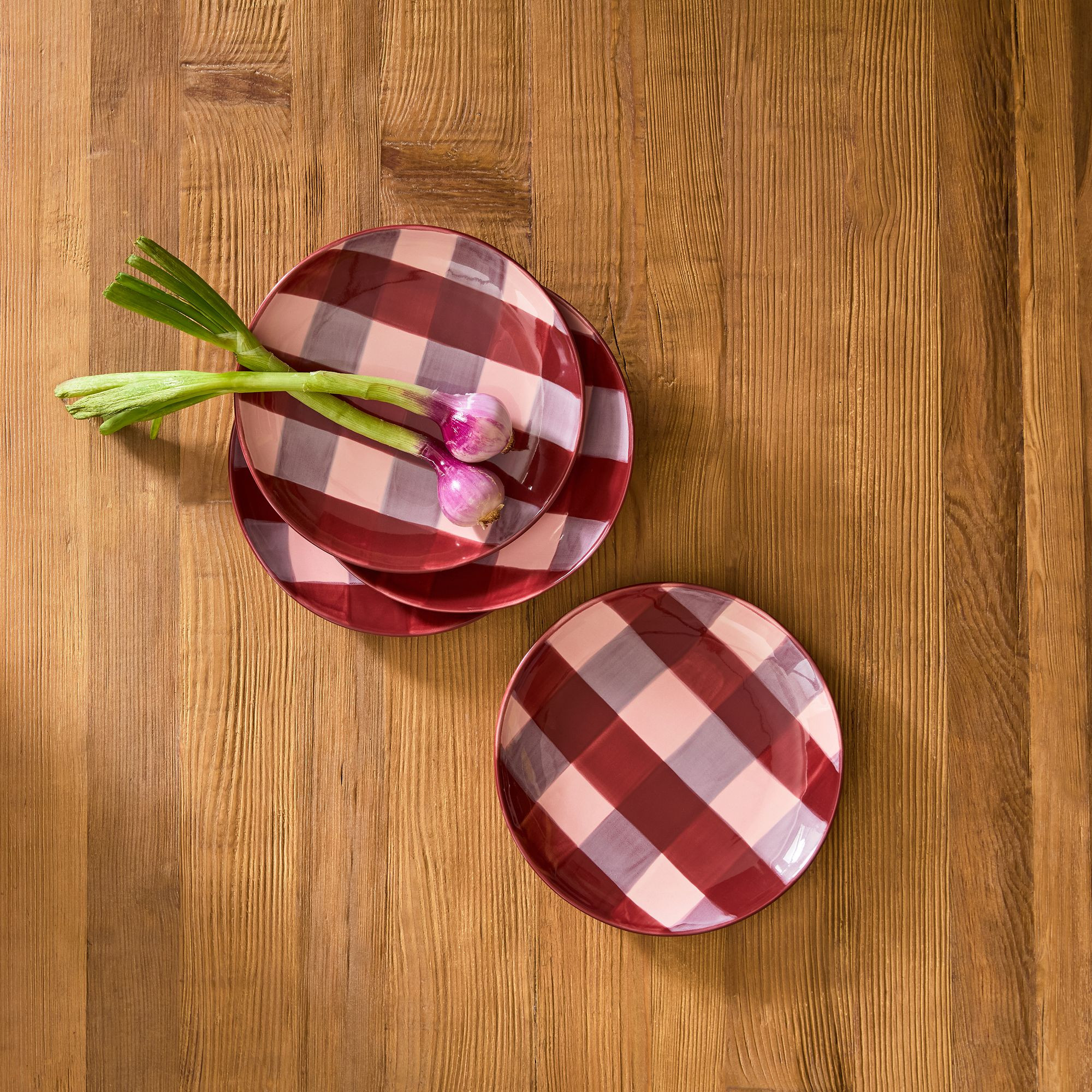 Elliot Hand-Painted Gingham Salad Plate, Pink/Burgundy, Set of 4 | GreenRow