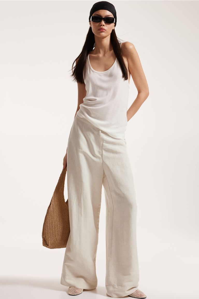 Linen-blend trousers - High waist - Long - Natural white - Ladies | H&M GB | H&M (UK, MY, IN, SG, PH, TW, HK)