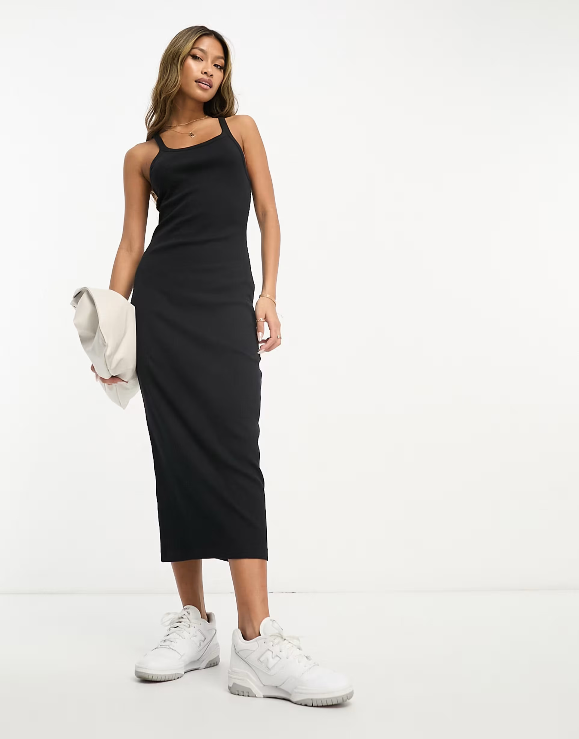 ASOS DESIGN strappy scoop tank top ribbed midi dress in black | ASOS (Global)
