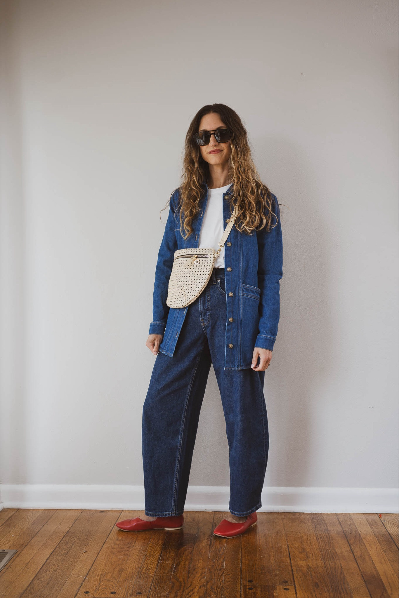 Sèzane tee, S, I sized up. Sèzane jacket, XS, TTS. Everlane jeans, 24, I took my smaller size. Frēda Salvador Ballet Flats, TTS, STITCHANDSALT15 for 15% off your first purchase, more affordable options linked. Clare V. bag. Quince sunglasses. Makena hoops and Parker necklace from Sela Designs, ASHLEYROHR10 for 10% off  

#LTKSeasonal #LTKOver40 #LTKStyleTip