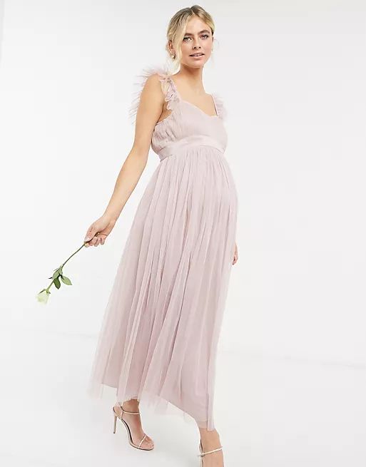 Anaya With Love Maternity Bridesmaid tulle frill sleeve midaxi dress in pink | ASOS (Global)