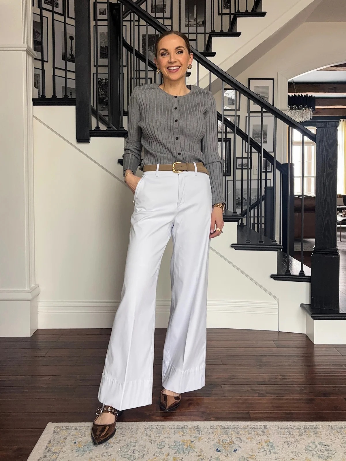 @spanx white dress pants office style with gray cardigan sweater // wearing size small in normal length // use code MERRICKXSPANX for discount + free shipping 

#LTKStyleTip #LTKWorkwear #LTKSeasonal