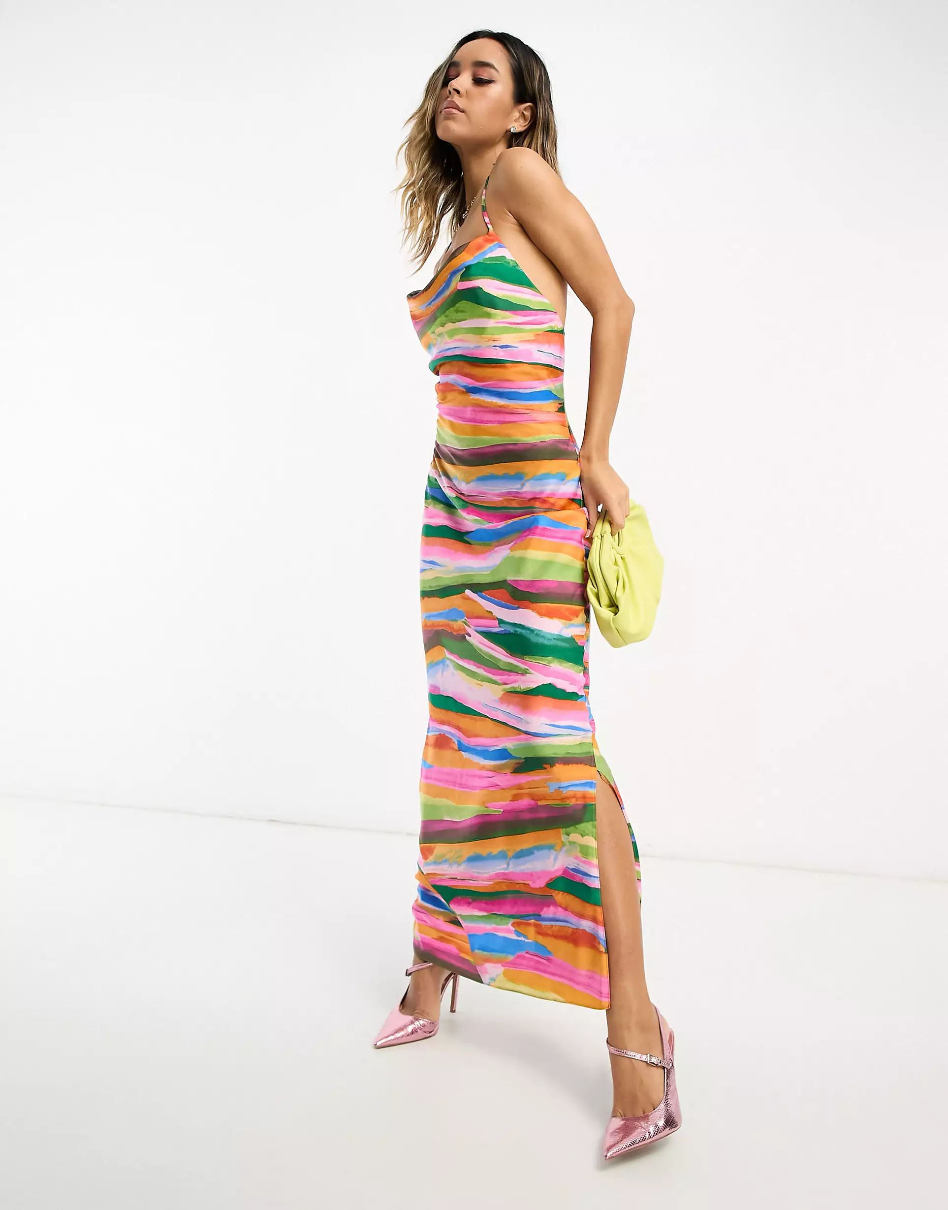 ASOS DESIGN satin cami maxi slip dress in multi stripe print | ASOS (Global)