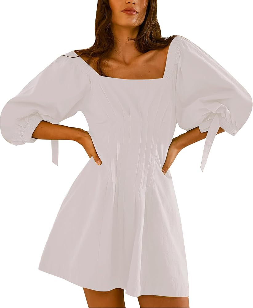 Womens Summer Mini Dress Casual 1/2 Lantern Sleeve Pleated Ruffle Backless Loose Tunic Dress with... | Amazon (US)