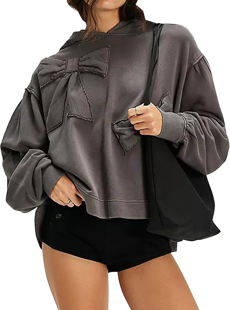 Womens Bow Front Sweatshirt Oversized Long Sleeve Drop Shoulder Bow Pullover Y2k Hoodies | Amazon (US)