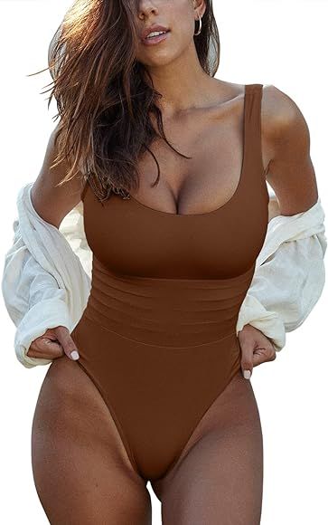 ESONLAR Women's One Piece Flattering Squared-Scoop Neck Chic Mid-Back Cut Out Under Bust Band Bat... | Amazon (US)