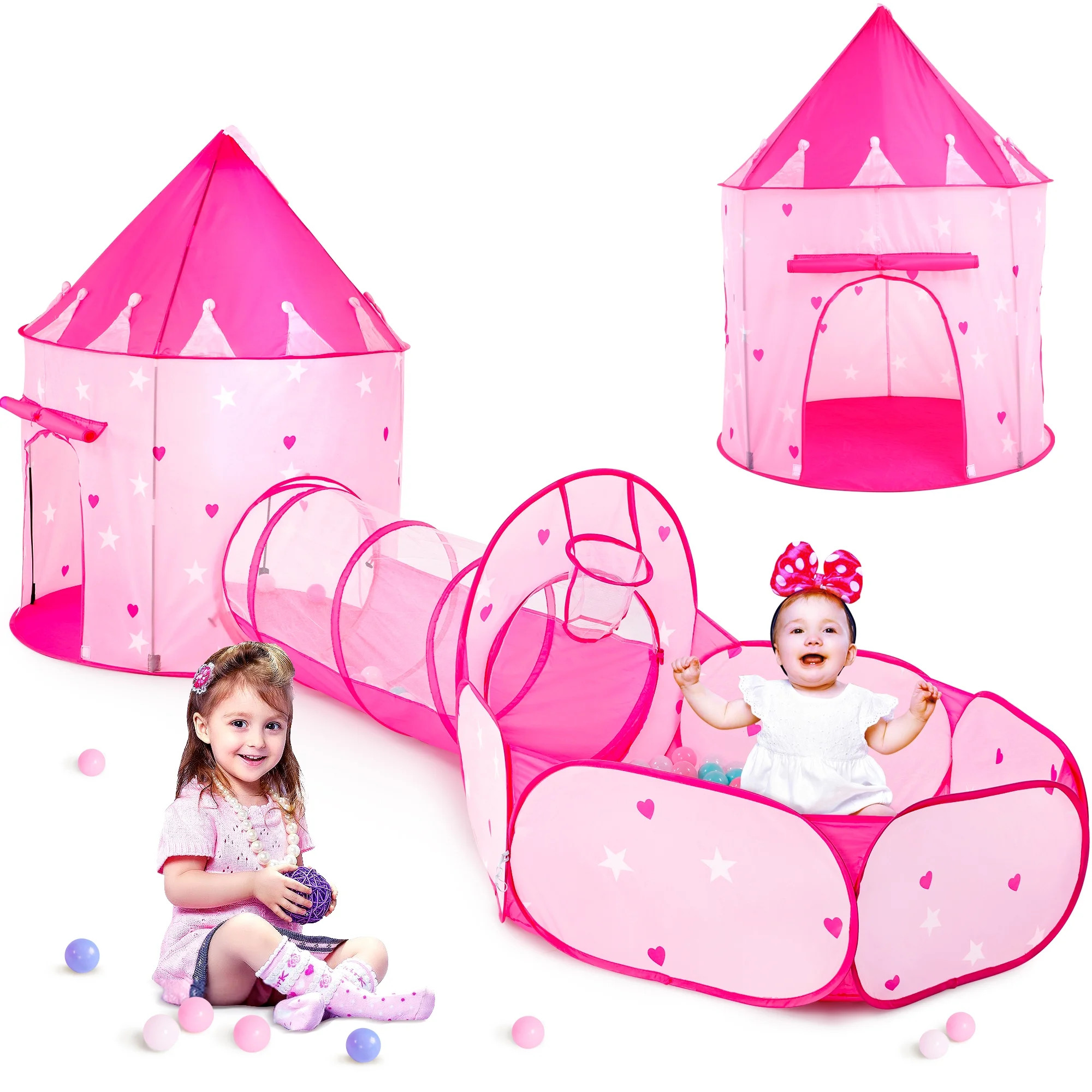 SISTICKER 3PC Princess Tent Toys for Toddlers Girls with Kids Tunnel & Baby Ball Pit Playhouse In... | Walmart (US)