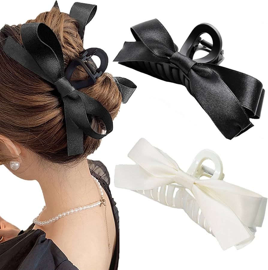 Sizobi 2Pcs Bow Claw Clips, Bow Hair Clips for Women, Satin Big Hair Bows Black White, Large Claw... | Amazon (US)